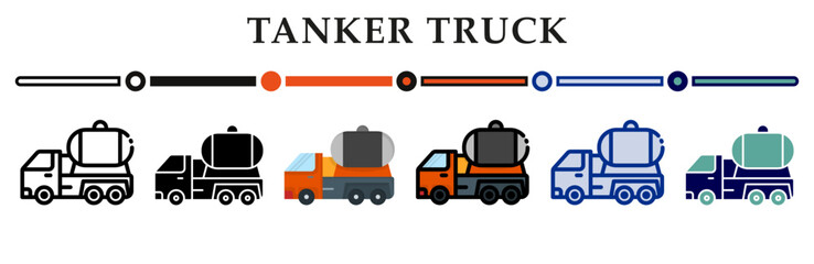 Tanker truck icons set. 6 Various styles. For sign, symbol, element, presentation, infographic or web graphics. Vector Illustration.