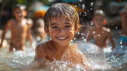 Obraz premium Joyful Family Beach Day - Kids Playing with Beach Ball in Shallow Water, Splashing and Laughing Together on Summer Vacation