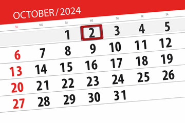 Calendar 2024, deadline, day, month, page, organizer, date, October, wednesday, number 2