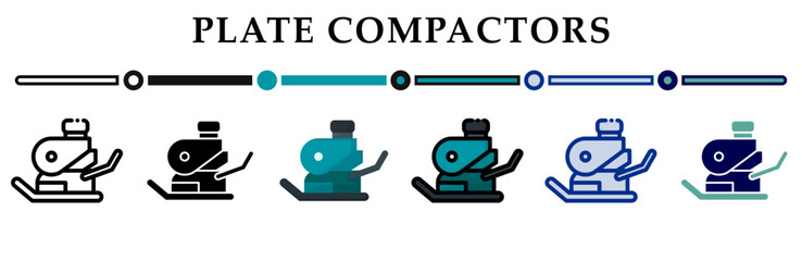 Plate compactors icons set. 6 Various styles. For sign, symbol, element, presentation, infographic or web graphics. Vector Illustration.
