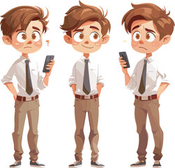 Young businessman with phone in three different emotions happy sad and confused office worker character design illustration background