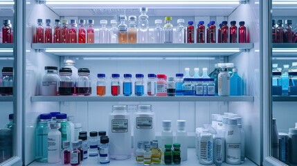 A shelf full of medicine bottles and vials