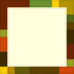 Autumn greeting card with place for text. Red, yellow, brown squares. Autumn frame vector illustration in patchwork style. Bright geometric background in fall colors. Happy thanksgiving day greetings.