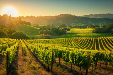 Fototapeta premium Beautiful Sunset Sky in Napa Valley Wine Country on Spring Vineyards , Mountains.