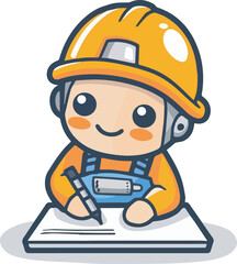 Cute Cartoon Construction Worker Writing On Paper Character Design Mascot Illustration Graphics For Business Project Property Development Safety Regulations Labor Rights Building And