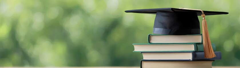 Graduation cap on stacked books with blurred green background, symbolizing education, achievement, and academic success
