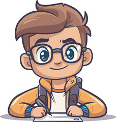 Obraz premium Cute cartoon boy writing signing document schoolboy studying homework education concept illustration isolated