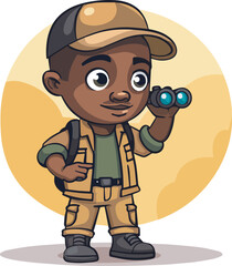 African American Explorer Boy With Binoculars Adventure Travel Cartoon Character Background Isolated Kids Exploration Wilderness Safari Wildlife Nature Outdoors