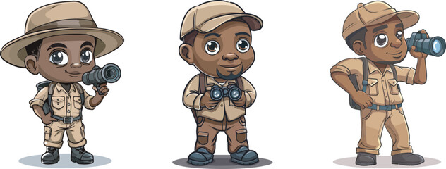 Fototapeta premium Cute African American Explorer Boy With Binoculars Safari Adventure Cartoon Illustration Background Kids Travel Nature Wildlife Exploration Discovering Curiosity Learning Mascot Logo Icon Design