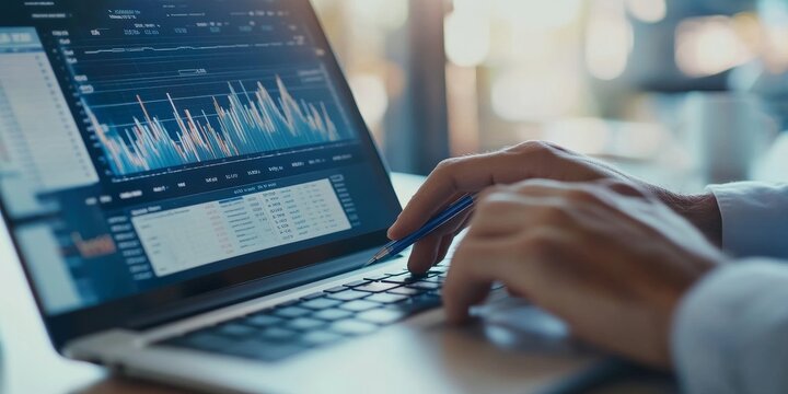 Corporate accountant reviewing budget reports on a laptop detailed charts and precise figures modern digital interface