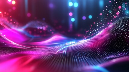 Obraz premium Futuristic abstract background featuring digital waves and glowing dots in blue, pink, and purple hues, illustrating the concept of big data visualization and advanced digital technology. This high-re