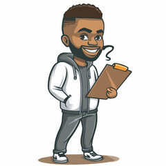 Smiling young black man holding a clipboard checklist delivery service worker modern cartoon illustration art style isolated on white background