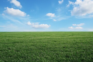 A well-trimmed green grass field with blue sky 