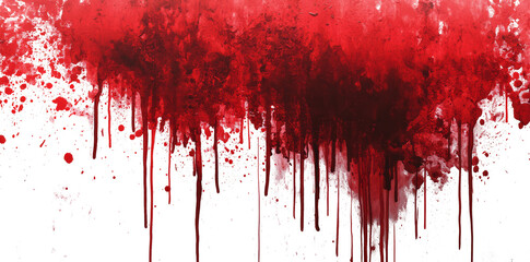 Red blood or paint flowing down on transparent background. Halloween, murder and horror concept. Red ink splash, splatter and stain.