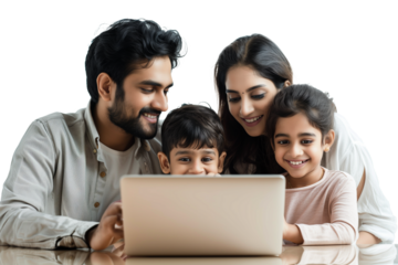 Asian Indian family with parents and children using computer while sitting isolated on transparent background