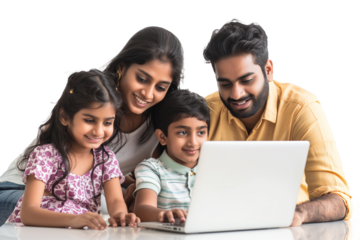 Asian Indian family with parents and children using computer while sitting isolated on transparent background