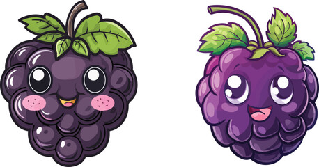 Cute cartoon blackberry character happy smiling fruit illustration drawing mascot logo kawaii chibi funny food sticker design icon vector graphic isolated purple healthy sweet organic natural fresh