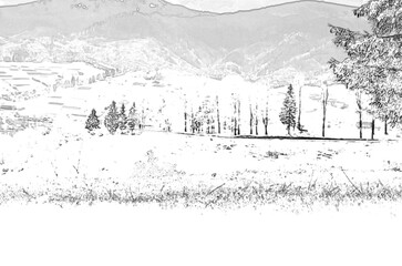 Obraz premium Mountain lawns, Pencil drawn sketchy draft illustration