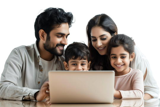 Asian Indian family with parents and children using computer while sitting isolated on transparent background
