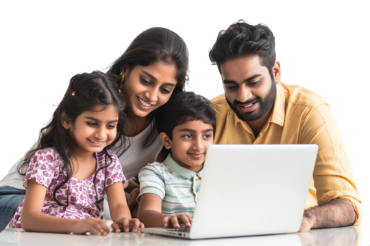 Asian Indian family with parents and children using computer while sitting isolated on transparent background