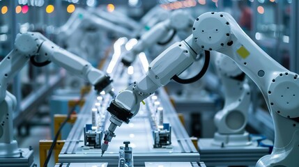 Fototapeta premium Multiple robotic arms working on an automated assembly line in a factory setting.
