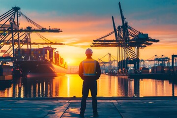 Worker Overseeing Container Ship at Sunrise