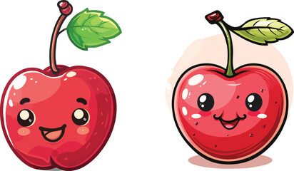 Cute Cartoon Happy Red Cherry Fruit Character Illustration Kawaii Chibi Style Food Illustration Background Digital Art Graphic Design Element Image Icon Funny Smiling Fruit Mascot For Kids