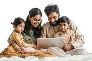 Asian Indian family with parents and children using computer while sitting isolated on transparent background