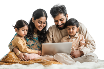 Asian Indian family with parents and children using computer while sitting isolated on transparent background