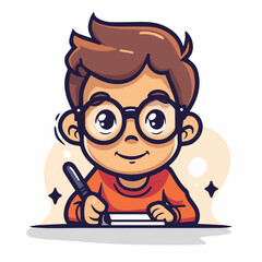 Cute Smart Boy Studying Writing Child Education School Student Learning Cartoon Character Illustration Icon Design Isolated Background Clip Art Graphic