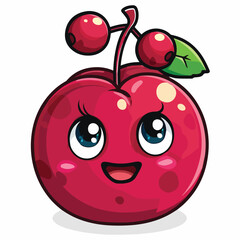 Cute happy cherry cartoon character isolated illustration fun food fruit mascot kawaii chibi red berry sweet healthy organic natural juice jam ingredient snack dessert delicious freshness vitamin