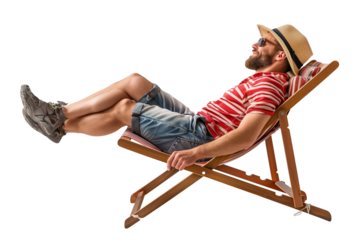 Man sunbathing on beach chair isolated on transparent background