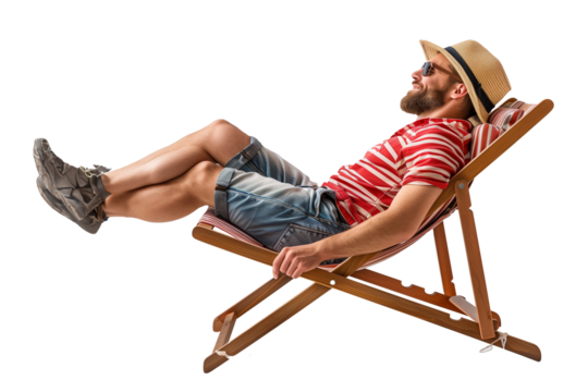 Man sunbathing on beach chair isolated on transparent background