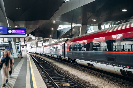 Vienna, Austria - August 6, 2024: Railjet train from Vienna to Bratislava