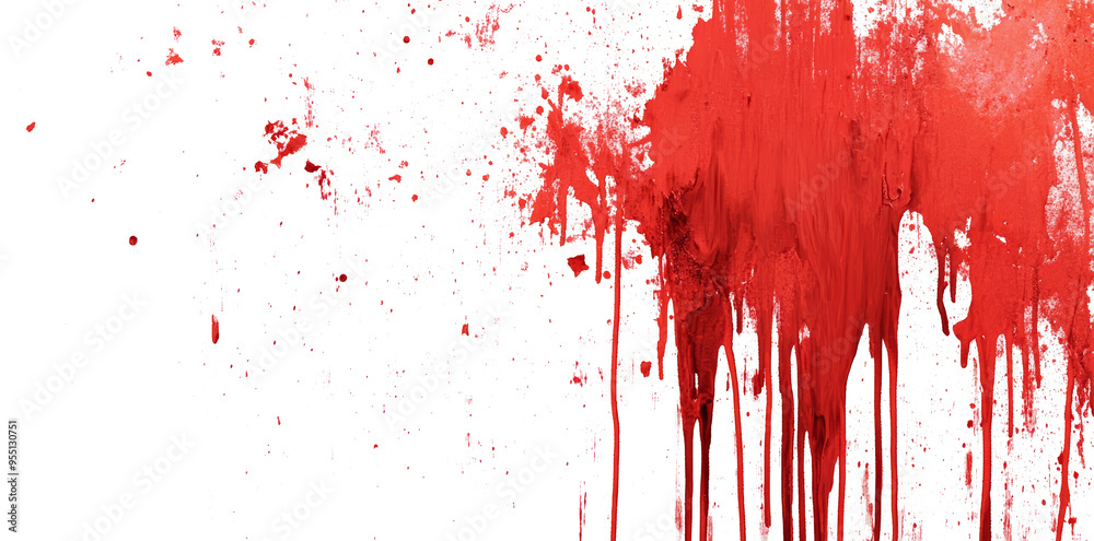 Wall mural Red blood or paint flowing down on transparent background. Halloween, murder and horror concept. Red ink splash, splatter and stain.