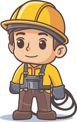 Cute Cartoon Construction Worker Character Illustration Safety Apparel Hardhat Overall Yellow Uniform Smiling Confident Friendly Professional Mascot Logo Icon Design Element Isolated