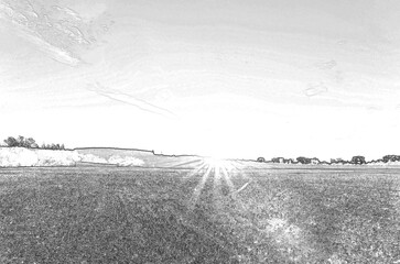 Sunrise in summer, pencil drawn sketchy draft illustration