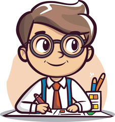 Cute Cartoon Boy Drawing With Colored Pencils At Desk Learning Education Creativity Imagination Child Student Study School Work From Home Back To SchoolIllustration
