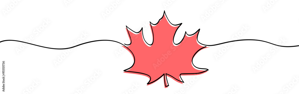 Wall mural vector illustration of a red maple leaf outlined in black, connected by a simple wavy line for a cle