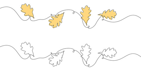 Vector illustration of oak leaves in continuous line art style, featuring alternating yellow-accented leaves and black outlines.