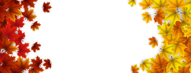 Yellow, orange, and red maple leaves create left and right borders on a white background. Perfect for seasonal designs, announcements, or invitations.