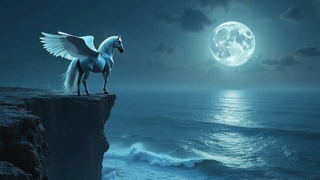A white pegasus unicorn flying above the clouds. Generative AI