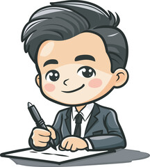Cute cartoon businessman character writing on paper office worker professional happy employee hand drawn illustration finance job business man signing contract