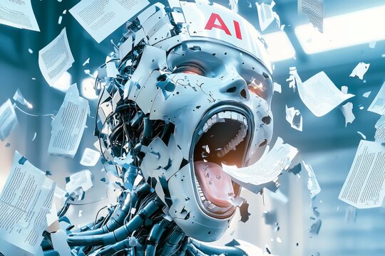 A front view of a giant machine with text "AI" on the forehead, mouth wide open, devouring many documents. The concept of training AI with unauthorized data