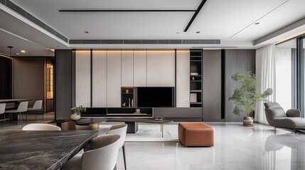 A spacious modern living room with a minimalist design. 
