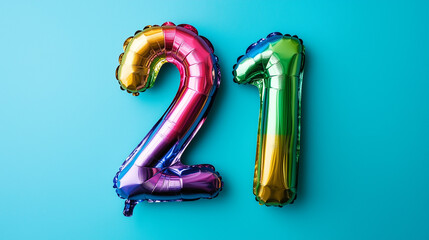 
Rainbow foil balloon number twenty one. Top view. Colored number on blue background.