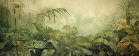 Painting of a jungle landscape. Lush, green rainforest with big trees and leaves. Watercolor pattern wallpaper in vintage retro style. Abstract art concept.