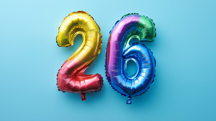 
Rainbow foil balloon number twenty six. Top view. Colored number on blue background.