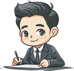 Cute Businessman Cartoon Character Writing On Paper Businessman Working Office Job Work Occupation DeskIllustration Drawing Art Digital