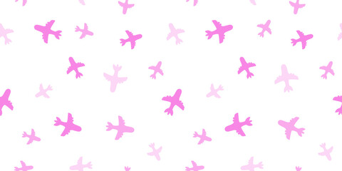 Seamless pattern airliner. Passenger aircraft or toy airplane vector pattern. Pink on white.